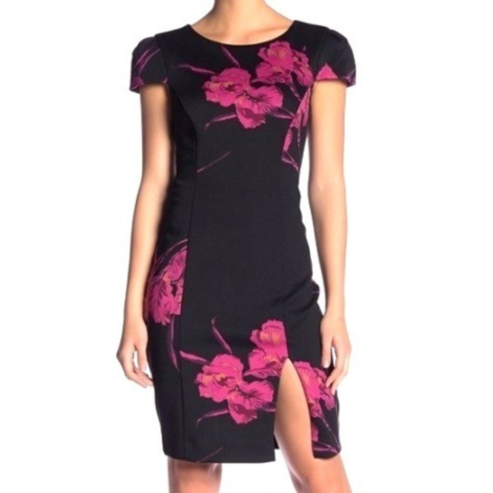 BETSEY JOHNSON Women's 14 Black Pink Floral Cap Sleeve Sheath Dress Front Slit